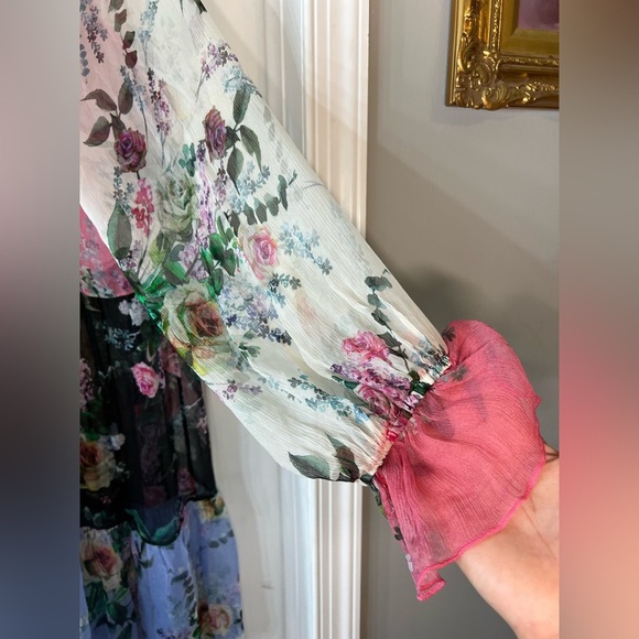 Johnny Was Jade Silk Floral Blouse Peasant Boho Button Tie Front Tunic‎ Top /M - Picture 4 of 9